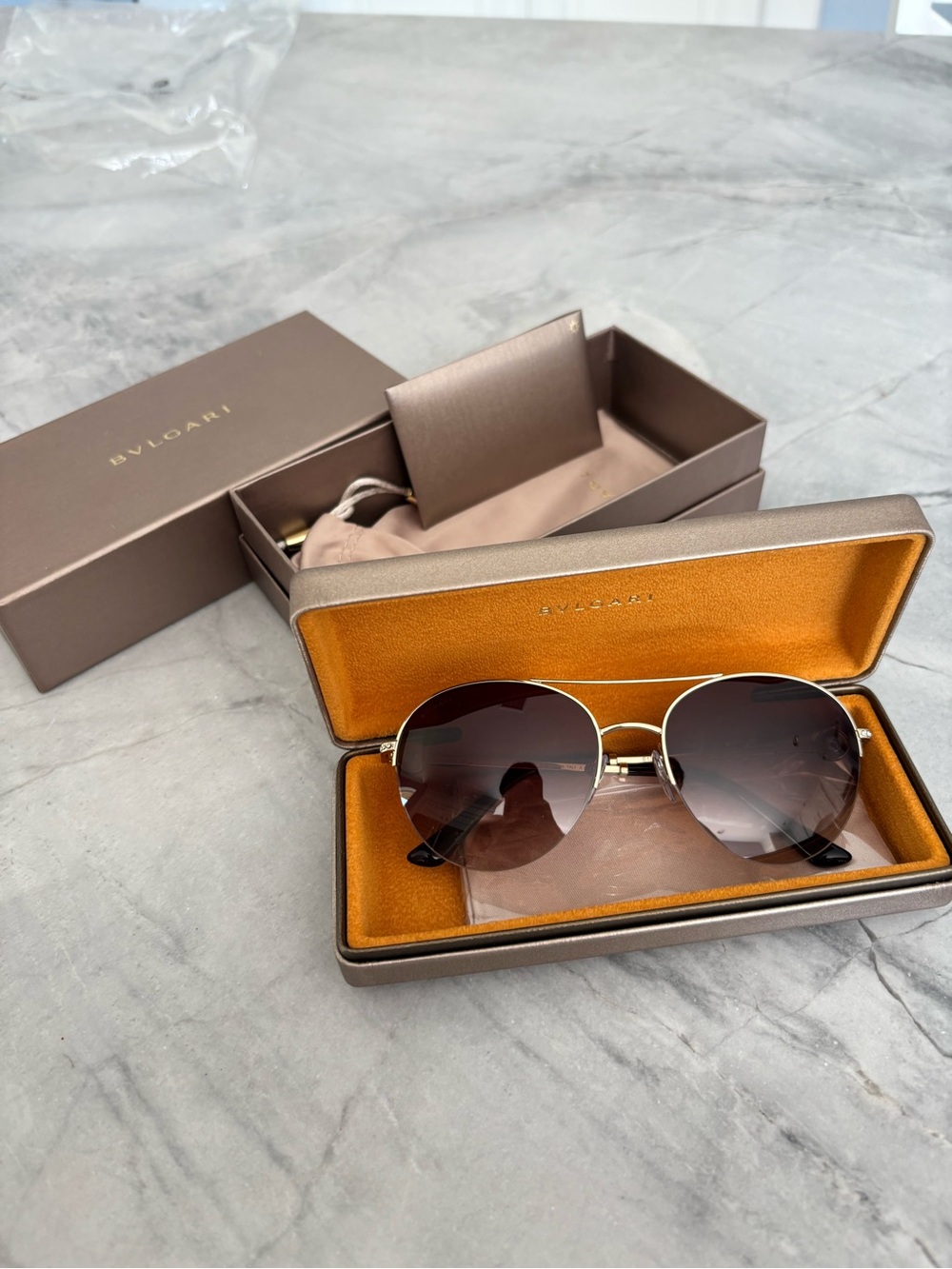 Bulgari Gold Frame Sunglasses with Brown Gradient Lenses and Black Temple Tips